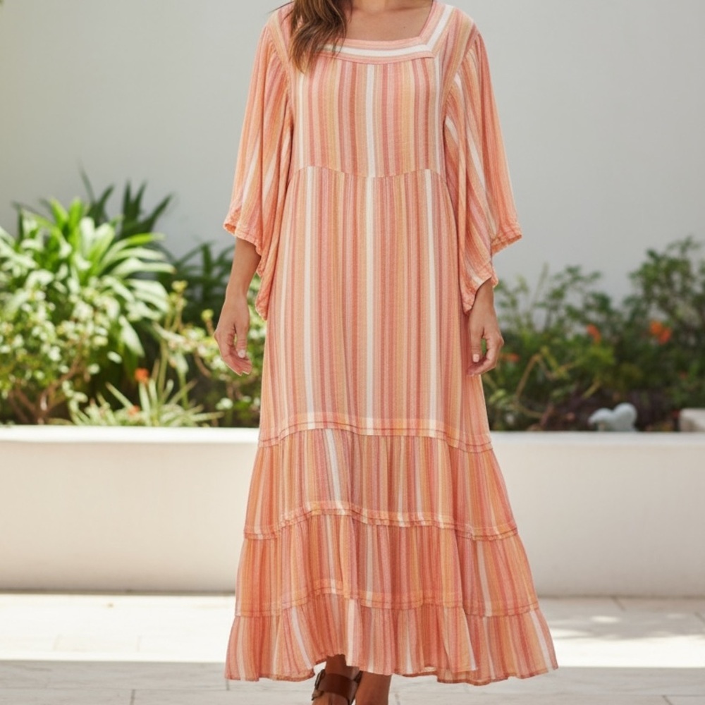 Nostalgia Striped Drop waist Gauze Retro Maxi Dress Peach + Multi SZ L
